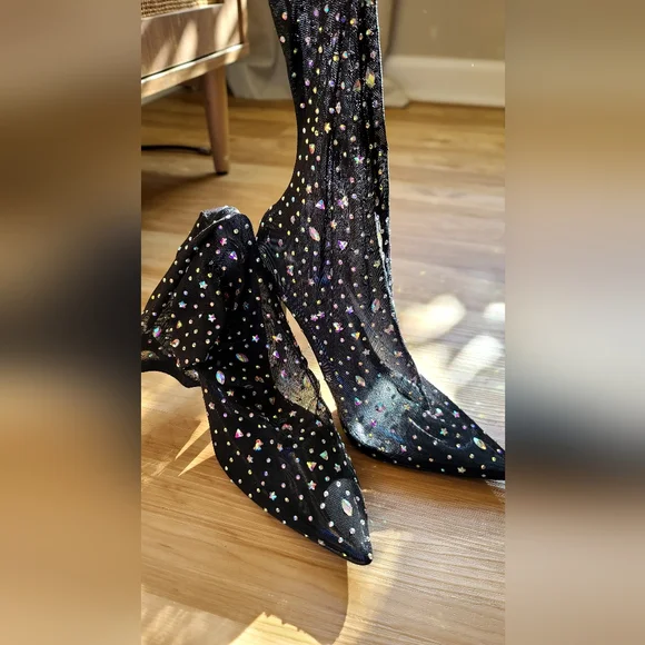 Stiletto rhinestone Bootie In Black a mid calf high shaft - Picture 3 of 7